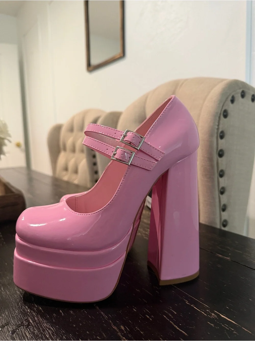Forever 21 Bubblegum Pink Patent Platform Mary Jane Heels